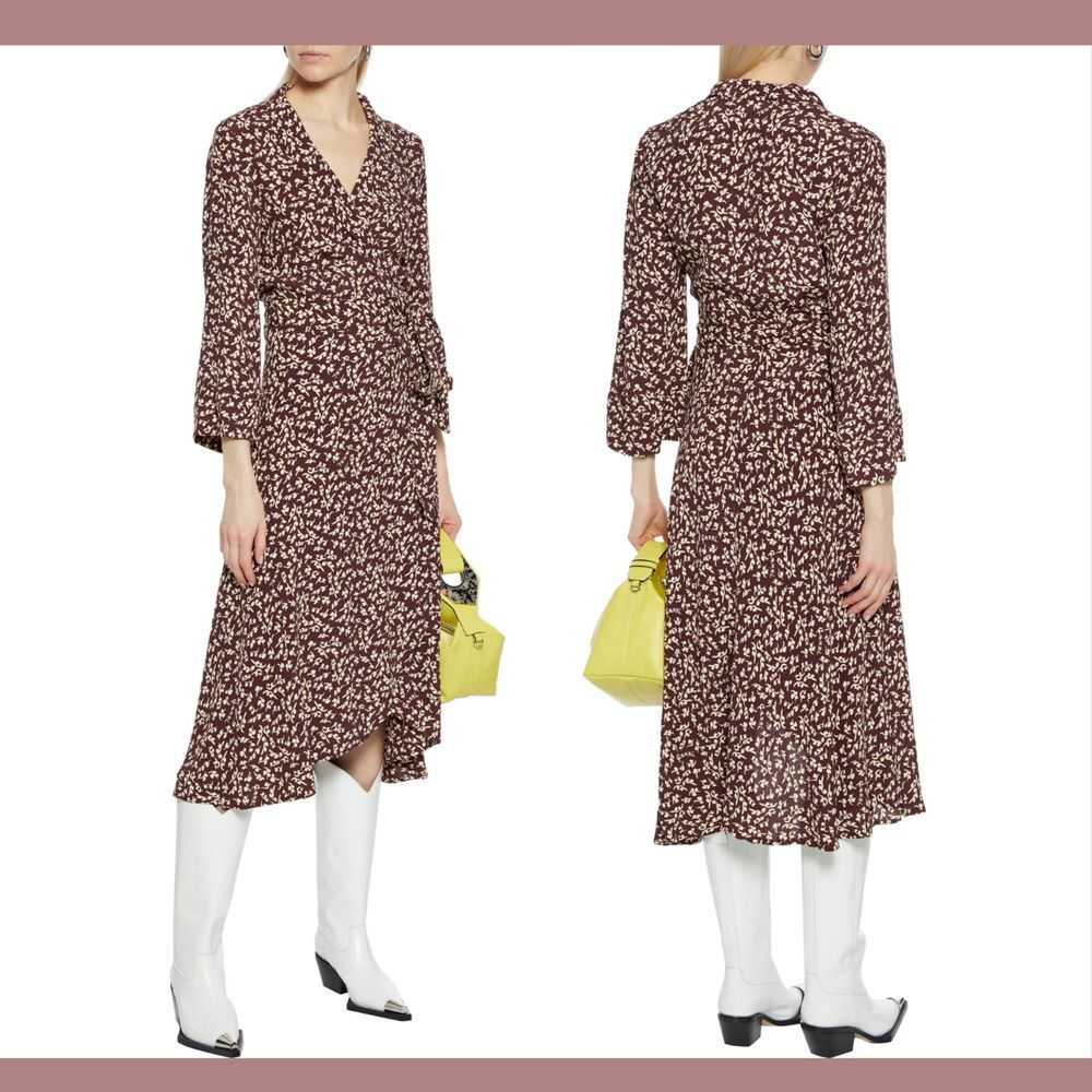 NEW‎ $265 GANNI [ 40 ] Floral Printed Crepe Midi Wrap Dress in Chocolate Brown